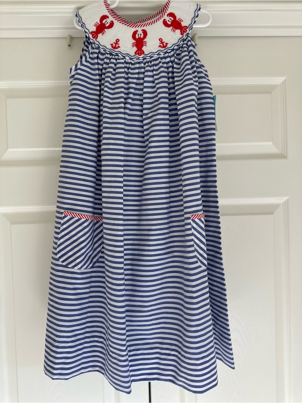 NWT Anavini Blue & White Striped Girls'smocked lobster dress 6x
